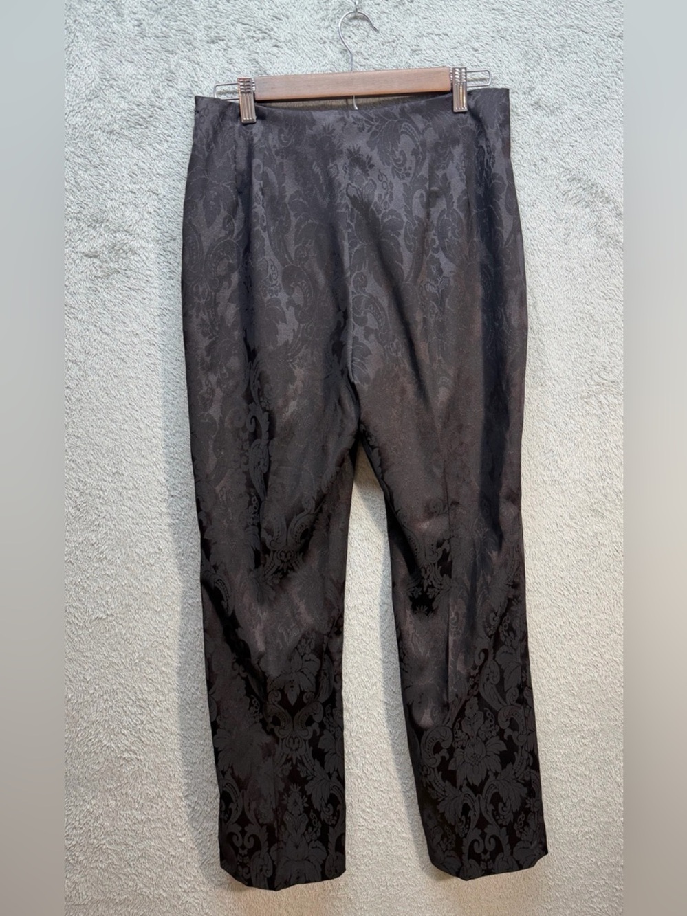 VTG First Option Black Damask Jacquard Trousers Flat Front Straight Leg Pants